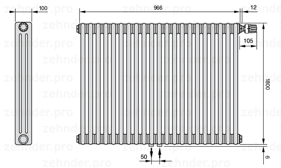 Схема (чертеж) Радиатор Zehnder Charleston 3180/21 №V008 Technoline TL